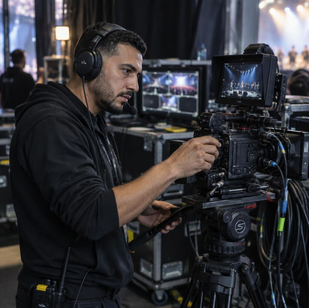 Production crew adjusting a camera rig backstage at an event