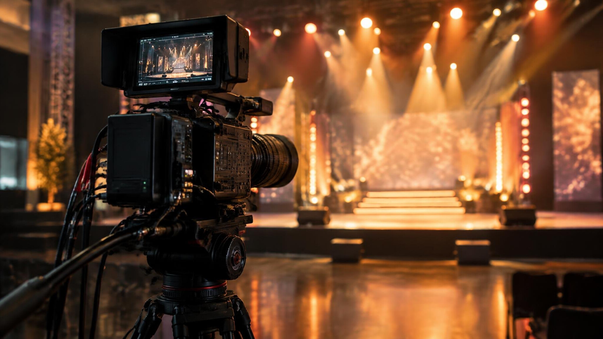 Professional cinema camera on a tripod filming a stage