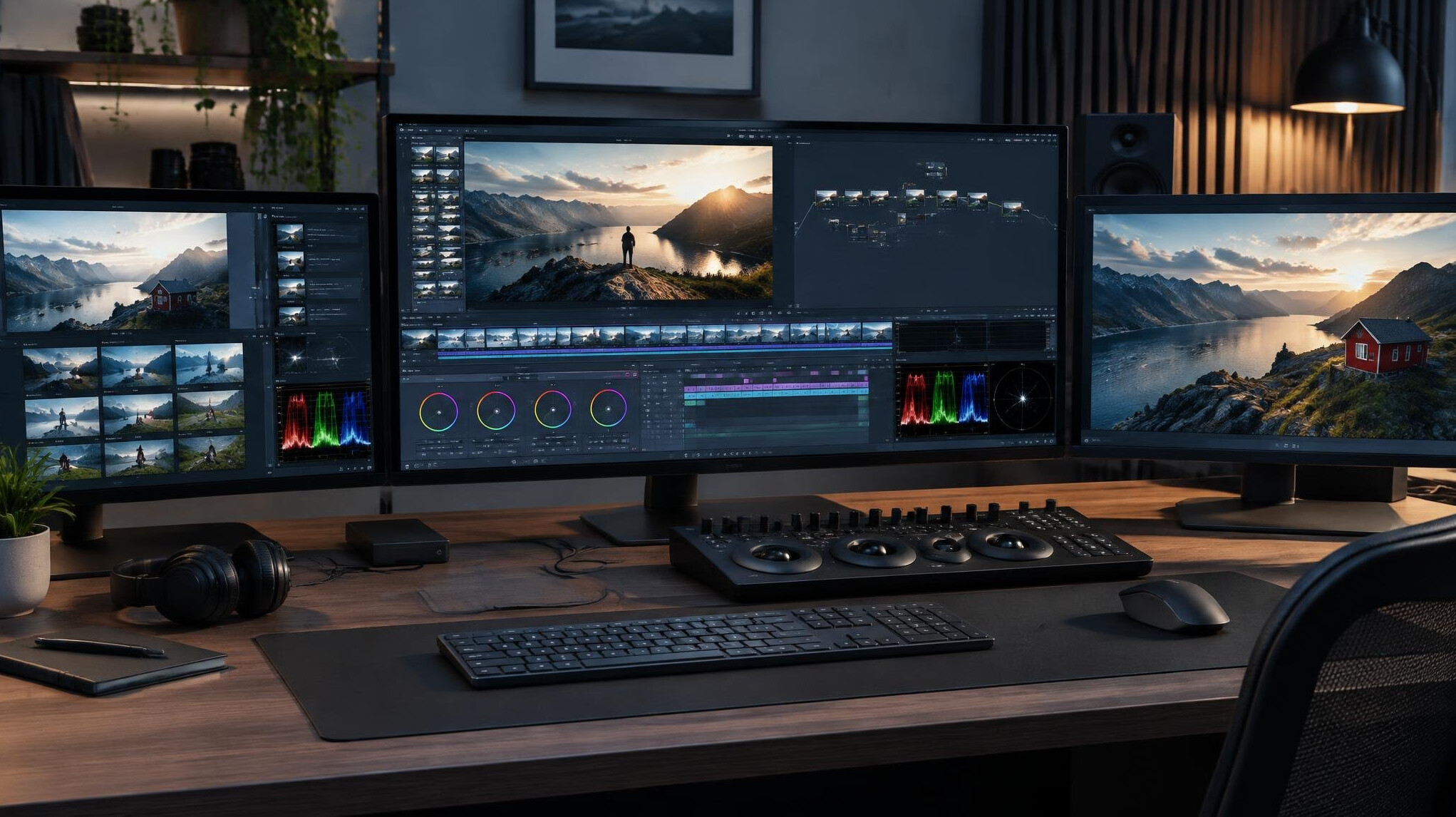 Video editing suite with multiple monitors showing footage timelines